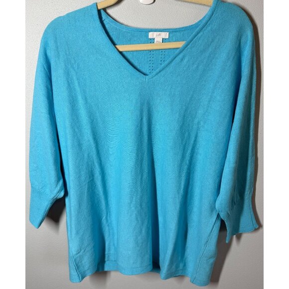J. Jill Womens Linen Blend Sweater Medium Blue V-Neck 3/4 Sleeve Smart Casual - Picture 1 of 11